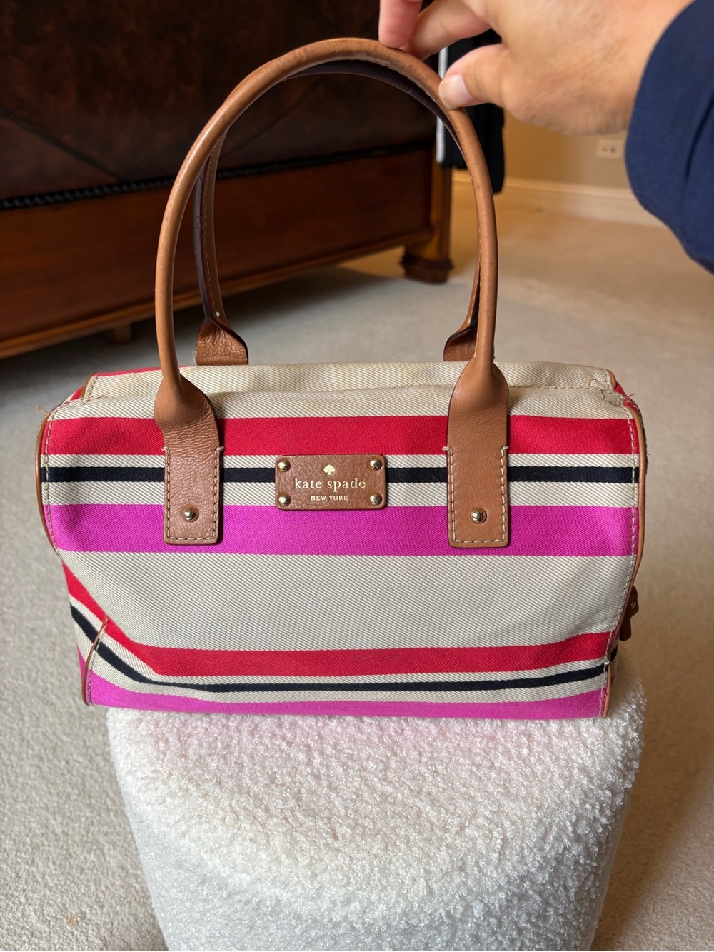 kate spade Pink and Red Striped Canvas Satchel with Tan Leather Handles